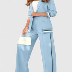 Light blue lounge set with striped-trim jacket and wide-leg trousers with side stripe