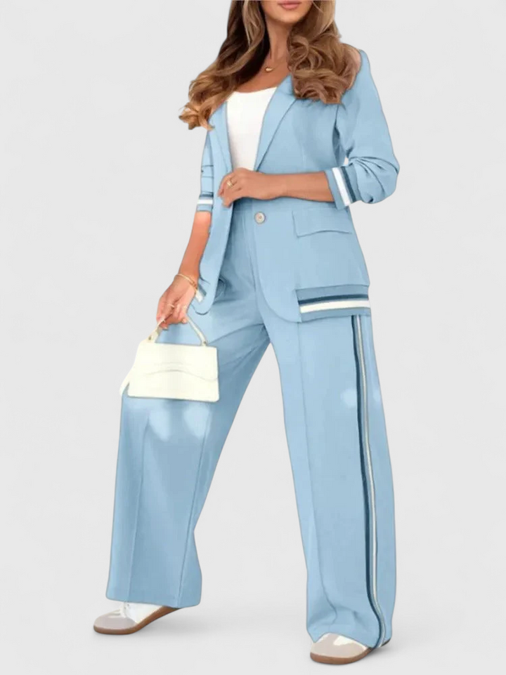 Light blue lounge set with striped-trim jacket and wide-leg trousers with side stripe