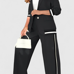 Black lounge set with striped-trim jacket and wide-leg trousers with side stripe