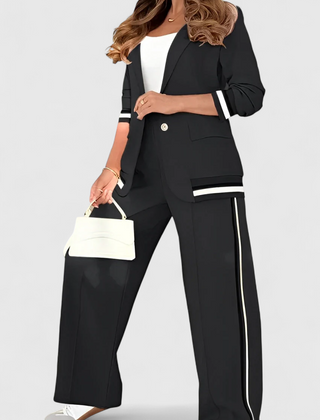 Black lounge set with striped-trim jacket and wide-leg trousers with side stripe