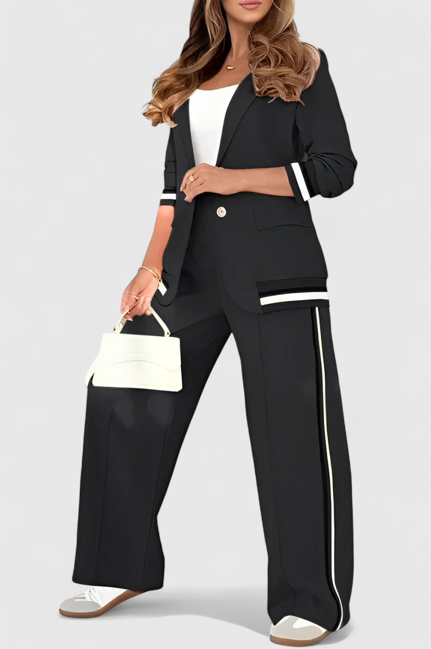 Black lounge set with striped-trim jacket and wide-leg trousers with side stripe