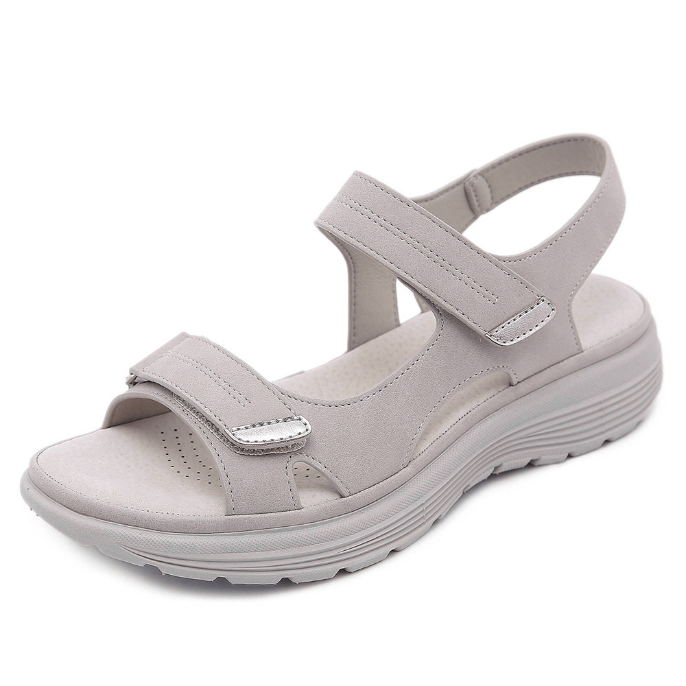 Light grey orthopedic sandals with two hook-and-loop straps and cushioned footbed