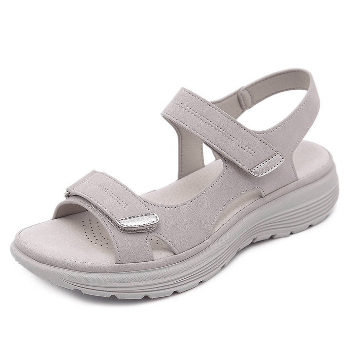 Light grey orthopedic sandals with two hook-and-loop straps and cushioned footbed