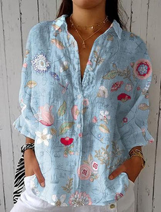 Marisol™ cotton-linen blouse in blue with floral and dragonfly print, button-front, short sleeves