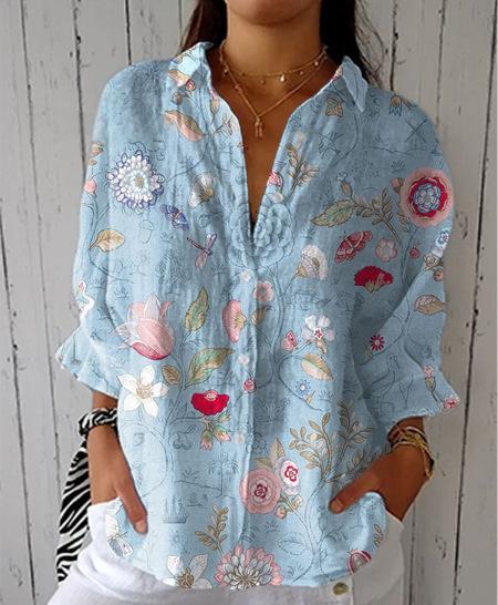 Marisol™ cotton-linen blouse in blue with floral and dragonfly print, button-front, short sleeves