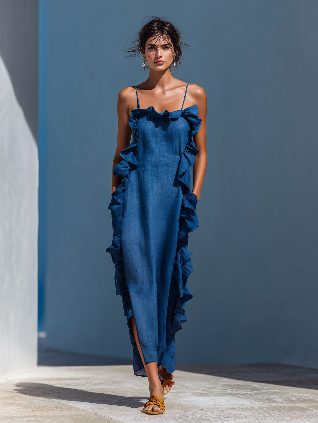 Blue maxi dress with ruffled off-shoulder bodice and tiered side ruffles