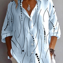 Kristen™ light blue button blouse with black dot-and-line abstract print, 3/4 sleeves
