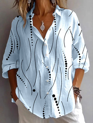 Kristen™ light blue button blouse with black dot-and-line abstract print, 3/4 sleeves