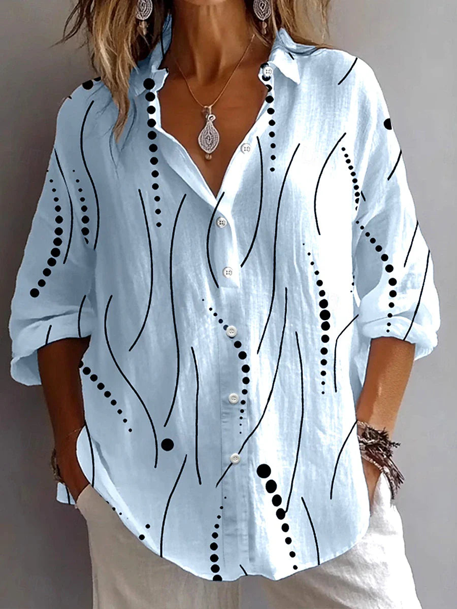 Kristen™ light blue button blouse with black dot-and-line abstract print, 3/4 sleeves