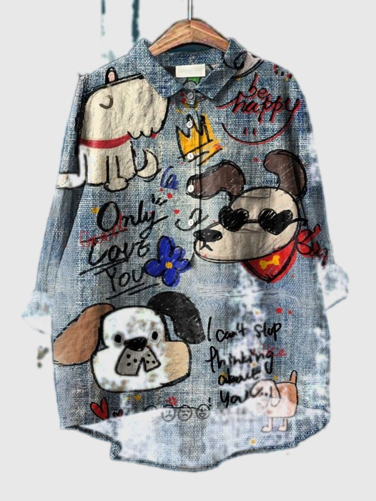 Blue dog doodle graphic shirt with collar and button front