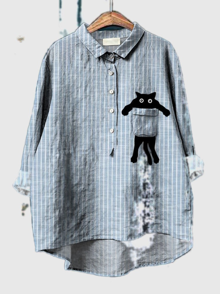 Striped blue button-up shirt with cat pocket applique and long sleeves