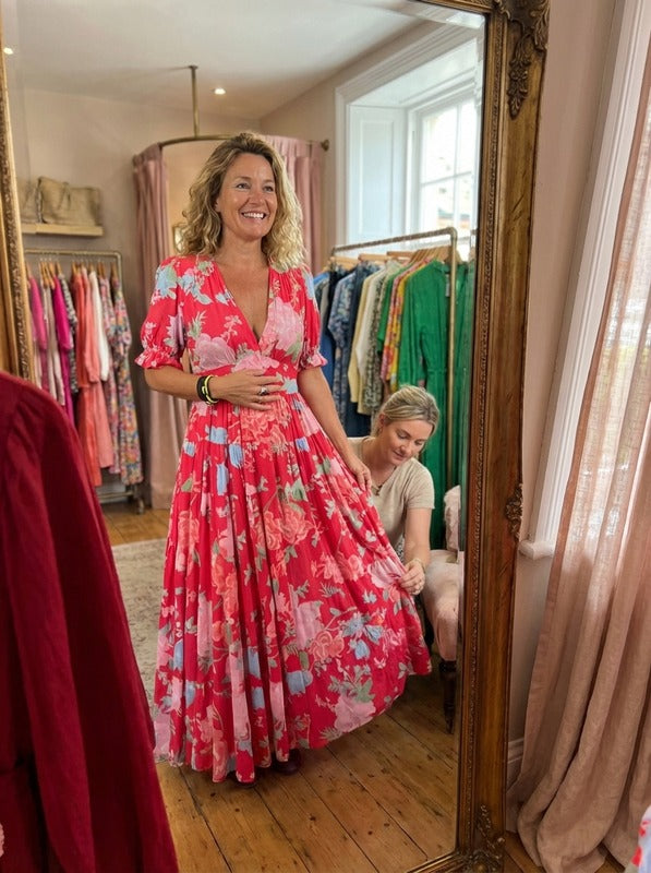 Minelda red floral V-neck short-sleeve tiered maxi dress, full-length front view