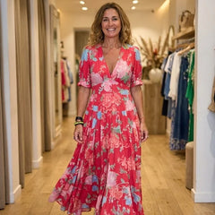 Minelda red floral V-neck short-sleeve tiered maxi dress with gathered waist