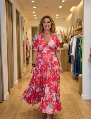 Minelda red floral V-neck short-sleeve tiered maxi dress with gathered waist
