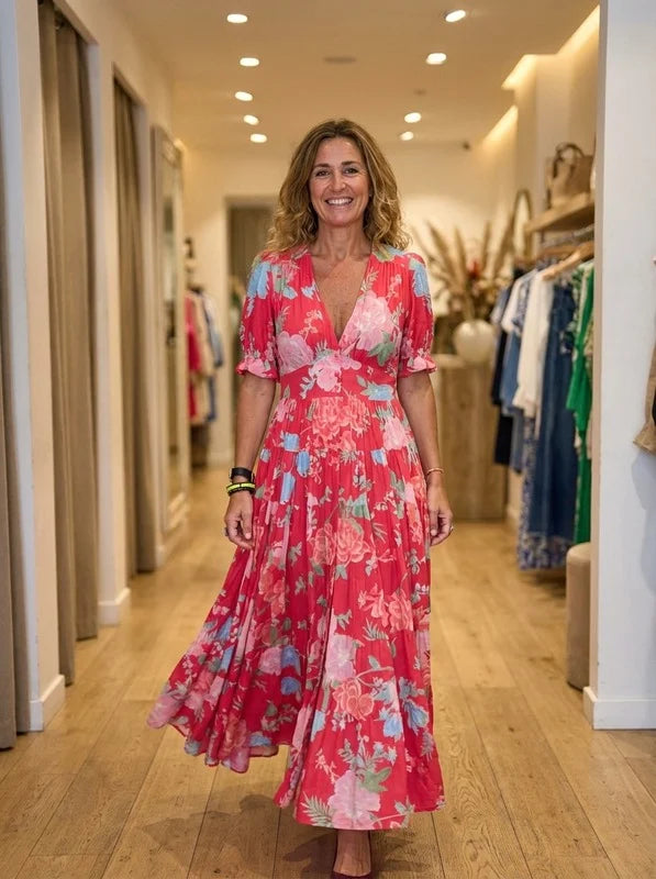 Minelda red floral V-neck short-sleeve tiered maxi dress with gathered waist