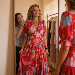 Minelda red floral V-neck short-sleeve tiered maxi dress, mirror view