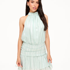 Mint green halter ruffle dress with vertical stripes, sleeveless tiered skirt