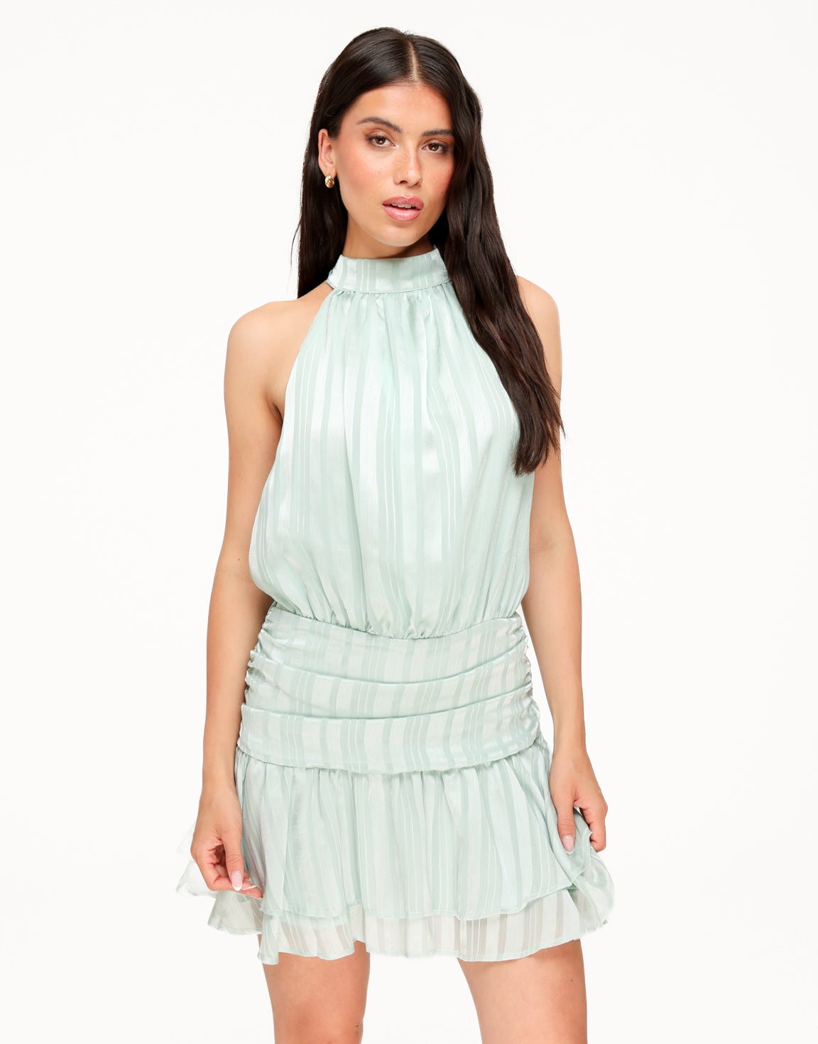 Mint green halter ruffle dress with vertical stripes, sleeveless tiered skirt