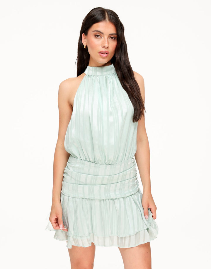 Mint green halter ruffle dress with vertical stripes, sleeveless tiered skirt