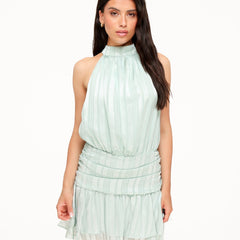 Mint green halter ruffle dress with vertical stripes and high neck, tiered skirt