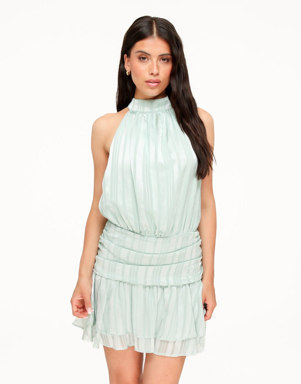 Mint green halter ruffle dress with vertical stripes and high neck, tiered skirt