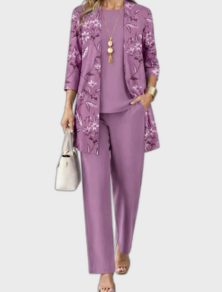 Elena 3-piece set: dusty pink top, floral jacket, and matching straight pants
