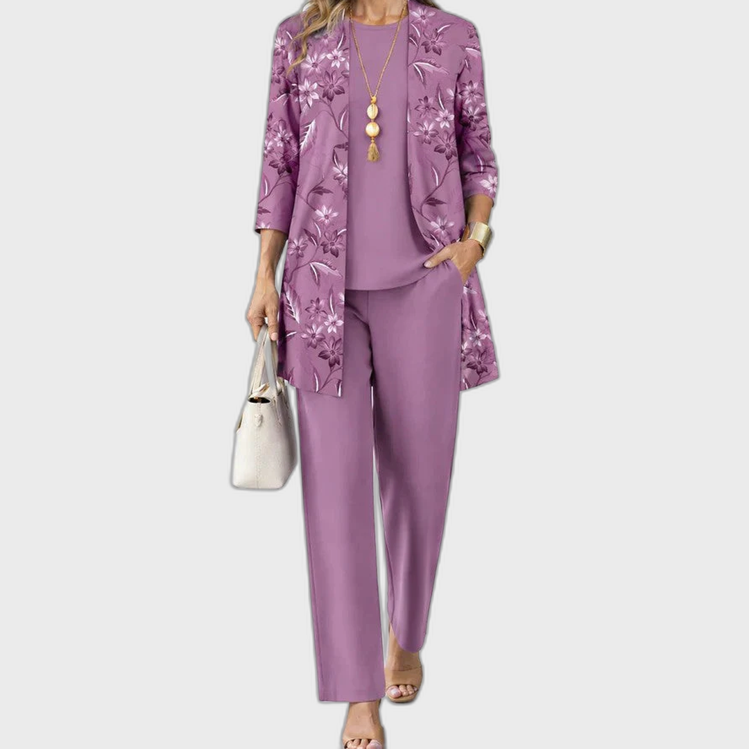 Elena 3-piece set: dusty pink top, floral jacket, and matching straight pants