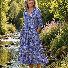 Blue patterned midi summer dress with V-neck and three-quarter sleeves