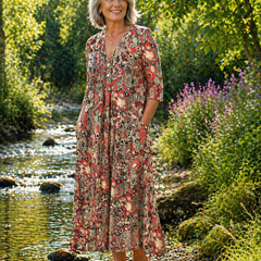 Red patterned midi summer dress with V-neck and three-quarter sleeves