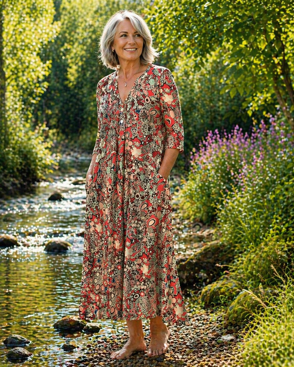 Red patterned midi summer dress with V-neck and three-quarter sleeves