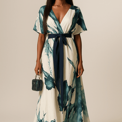 Teal-and-white watercolor maxi dress with V-neck, tie waist belt, flutter sleeves