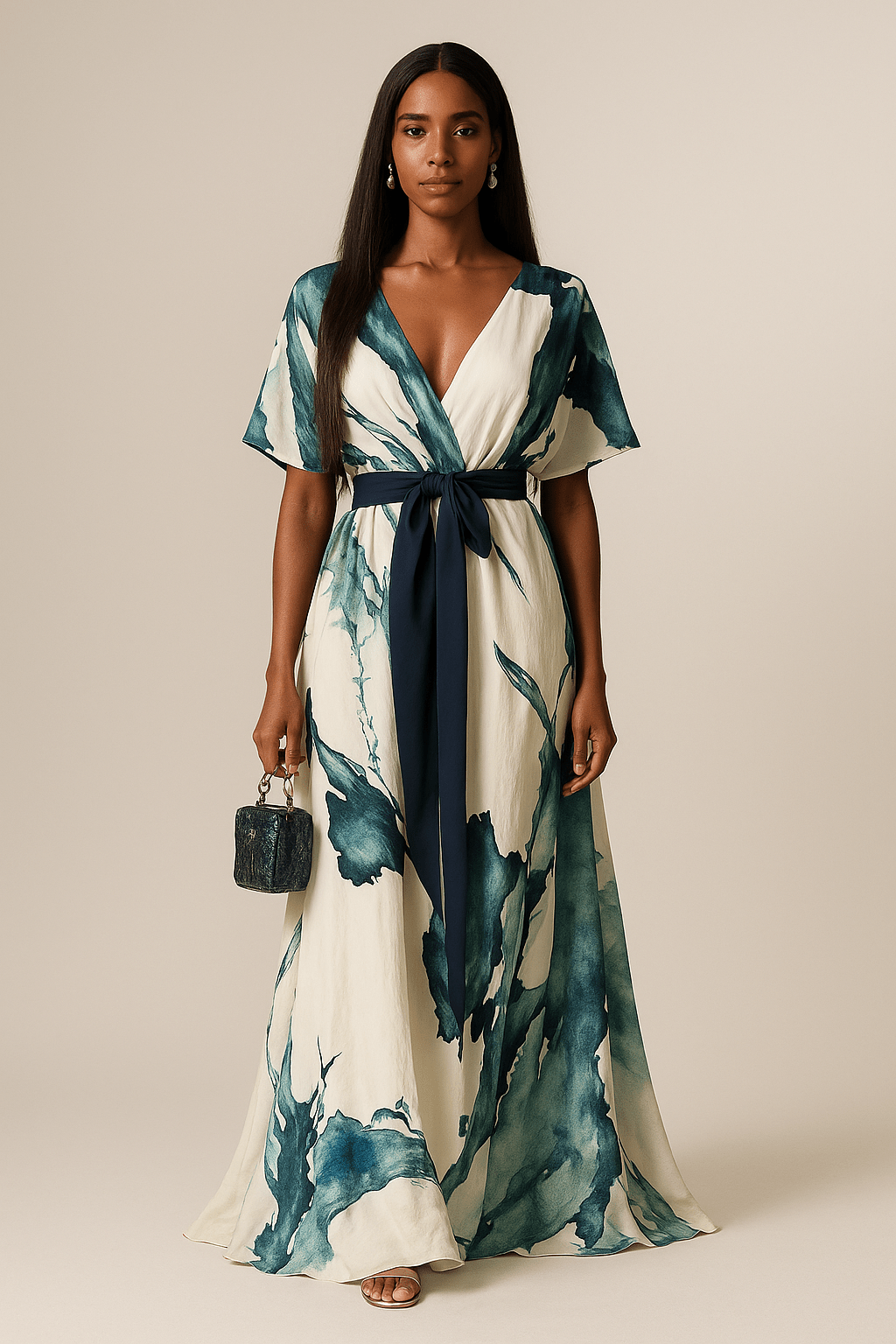 Teal-and-white watercolor maxi dress with V-neck, tie waist belt, flutter sleeves