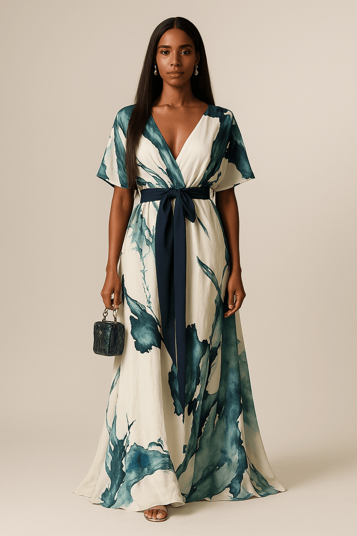 Teal-and-white watercolor maxi dress with V-neck, tie waist belt, flutter sleeves