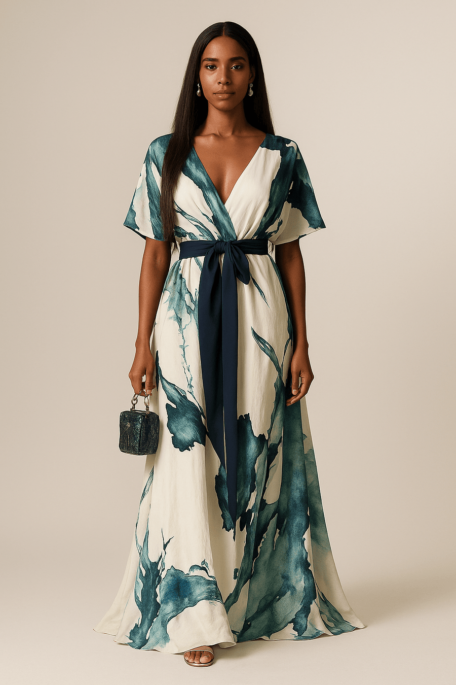 Teal-and-white watercolor maxi dress with V-neck, tie waist belt, flutter sleeves