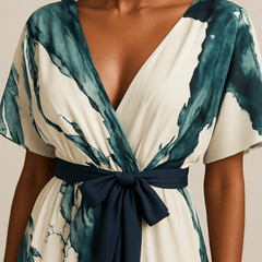 Teal-and-white maxi dress close-up: V-neck, tie waist, flutter sleeves