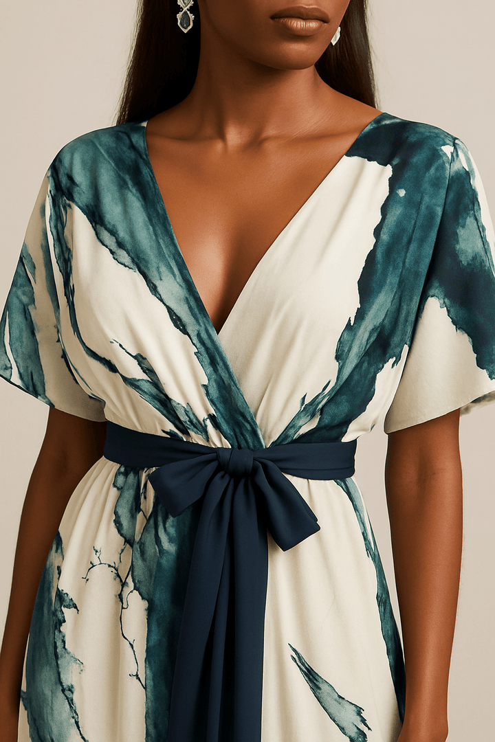 Teal-and-white maxi dress close-up: V-neck, tie waist, flutter sleeves