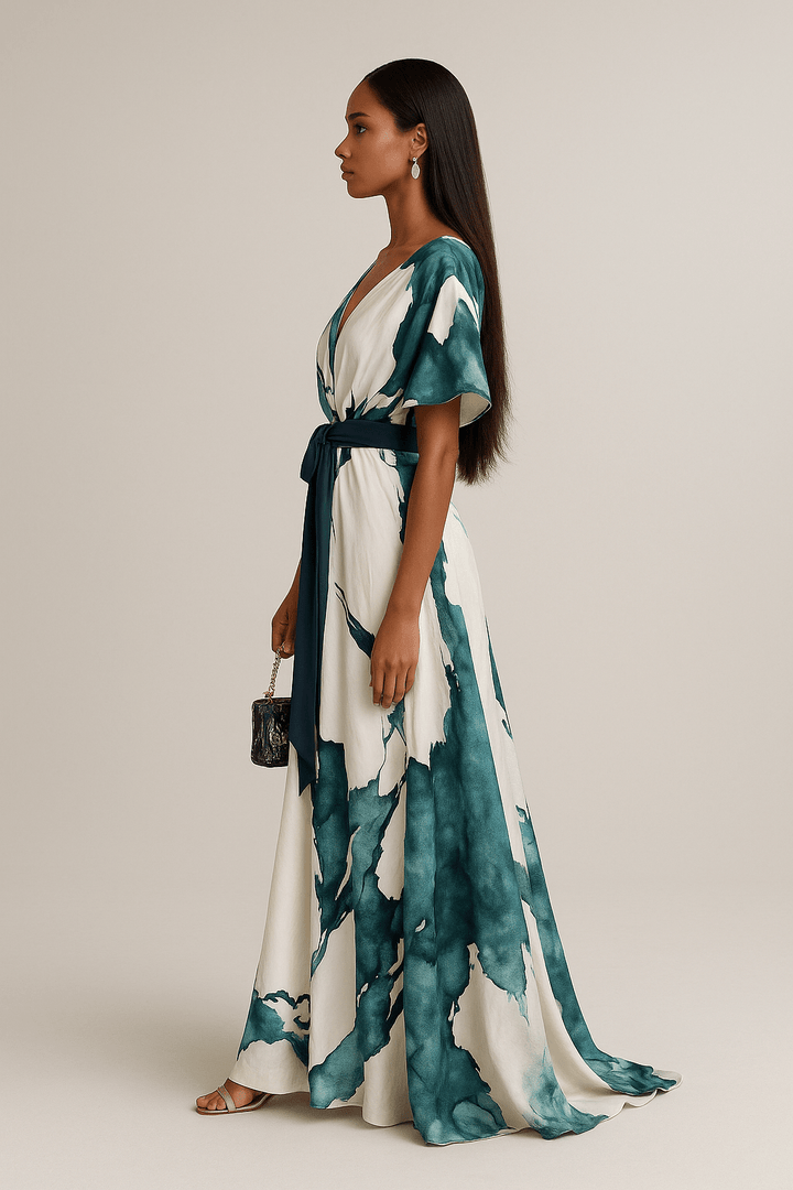 Teal-and-white watercolor maxi dress side view with V-neck and tie waist belt
