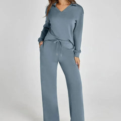 Nina™ travelsuit: light blue V-neck long-sleeve top and wide-leg jogger pants, drawstring