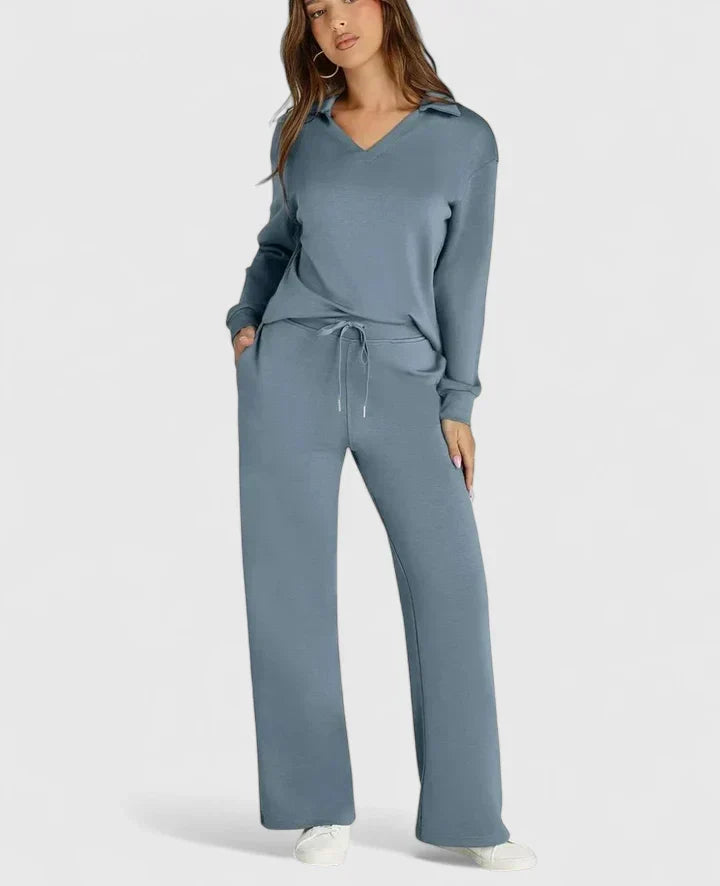 Light blue two-piece set with V-neck long-sleeve top and wide-leg pants with drawstring tie