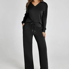 Nina™ travelsuit: black V-neck long-sleeve top and wide-leg jogger pants with drawstring