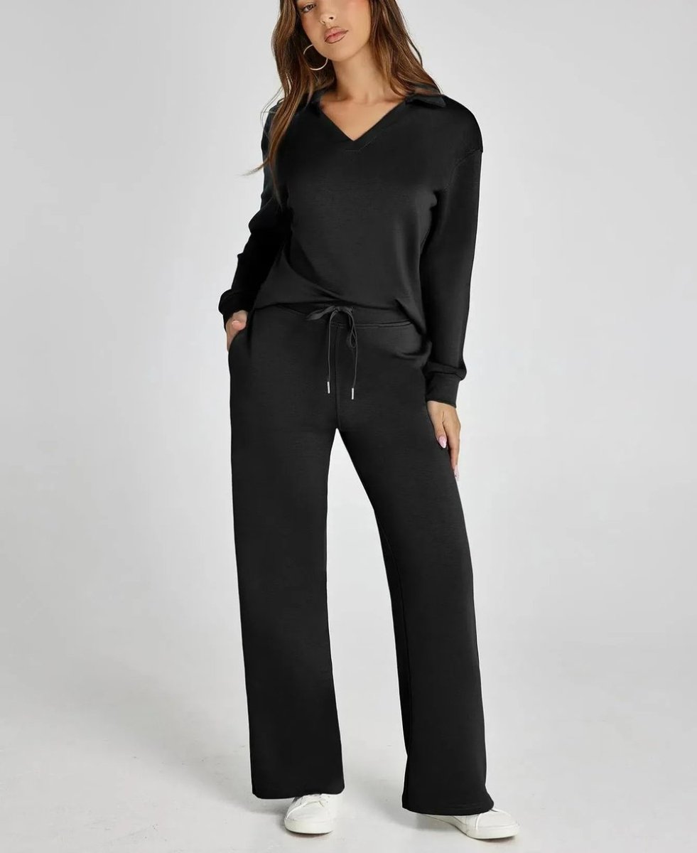 Nina™ travelsuit: black V-neck long-sleeve top and wide-leg jogger pants with drawstring