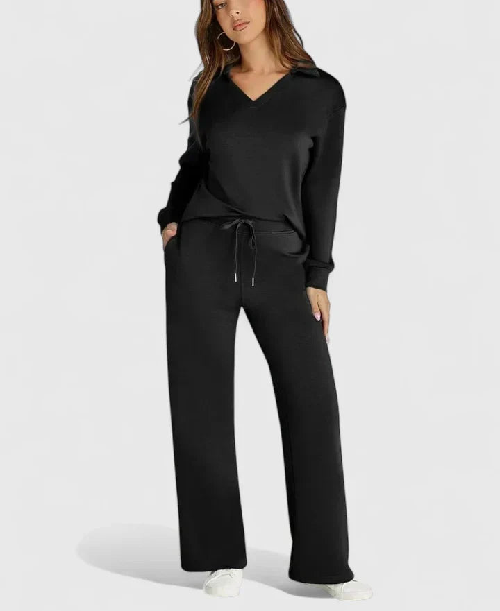 Black two-piece set with V-neck long-sleeve top and wide-leg pants with drawstring tie