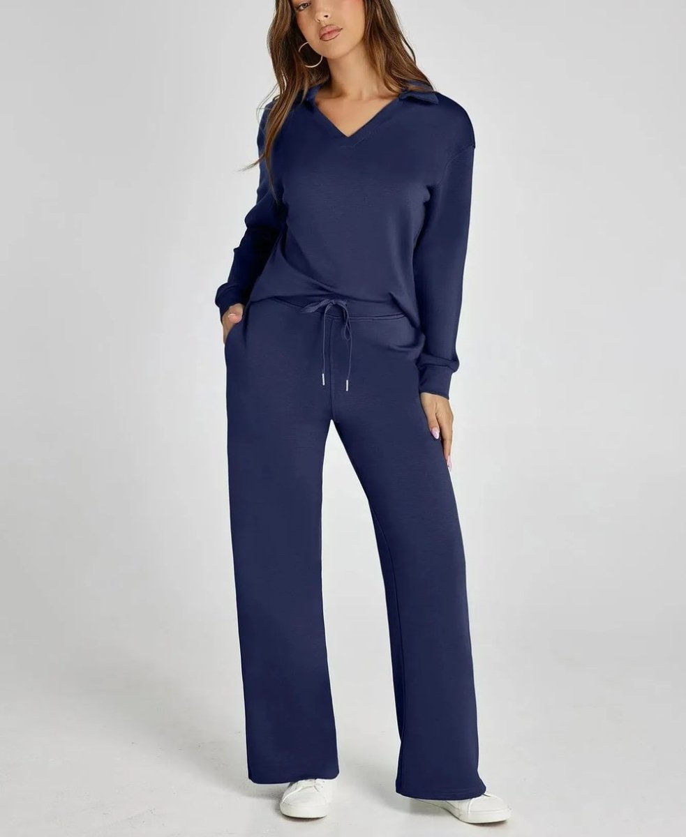 Navy two-piece set with V-neck long-sleeve top and wide-leg pants with drawstring tie
