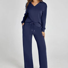 Navy V-neck long-sleeve travelsuit set with drawstring waist wide-leg pants