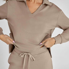 Nina™ travelsuit: taupe V-neck sweatshirt top with drawstring waist wide-leg pants