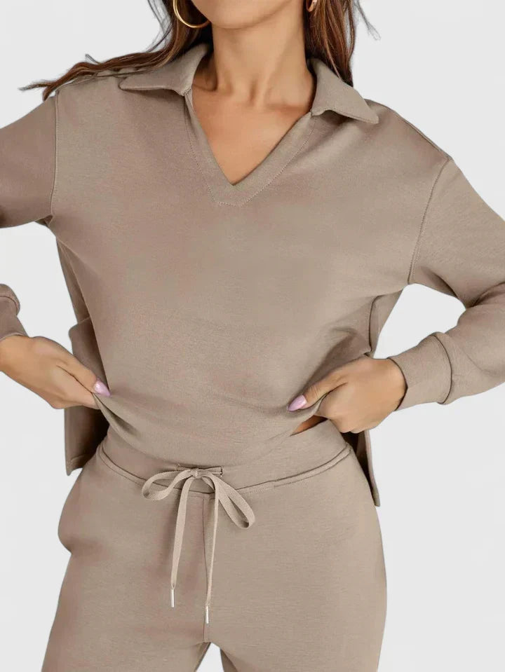 Beige/taupe two-piece set close-up: V-neck long-sleeve top with drawstring waist wide-leg pants