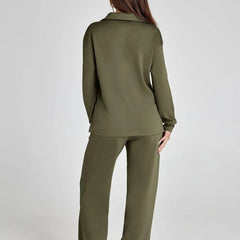Olive green long-sleeve top and wide-leg drawstring pants, back view