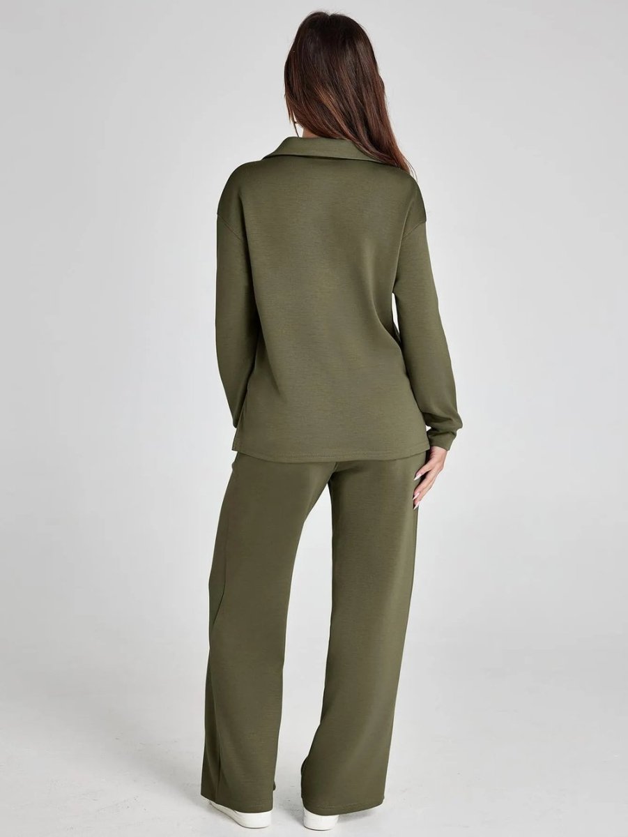 Olive green long-sleeve top and wide-leg drawstring pants, back view