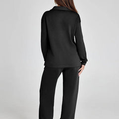 Nina™ travelsuit: black back view long-sleeve top and wide-leg jogger pants