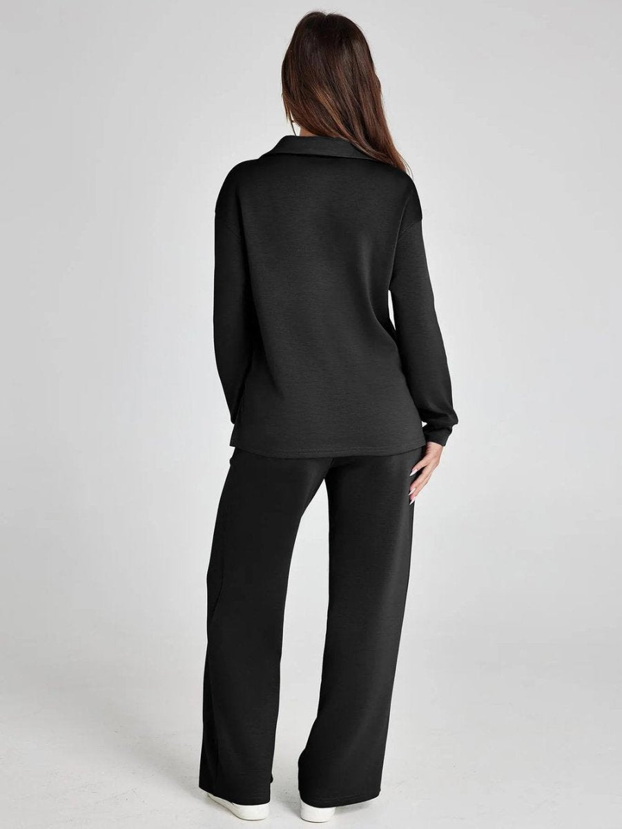 Nina™ travelsuit: black back view long-sleeve top and wide-leg jogger pants